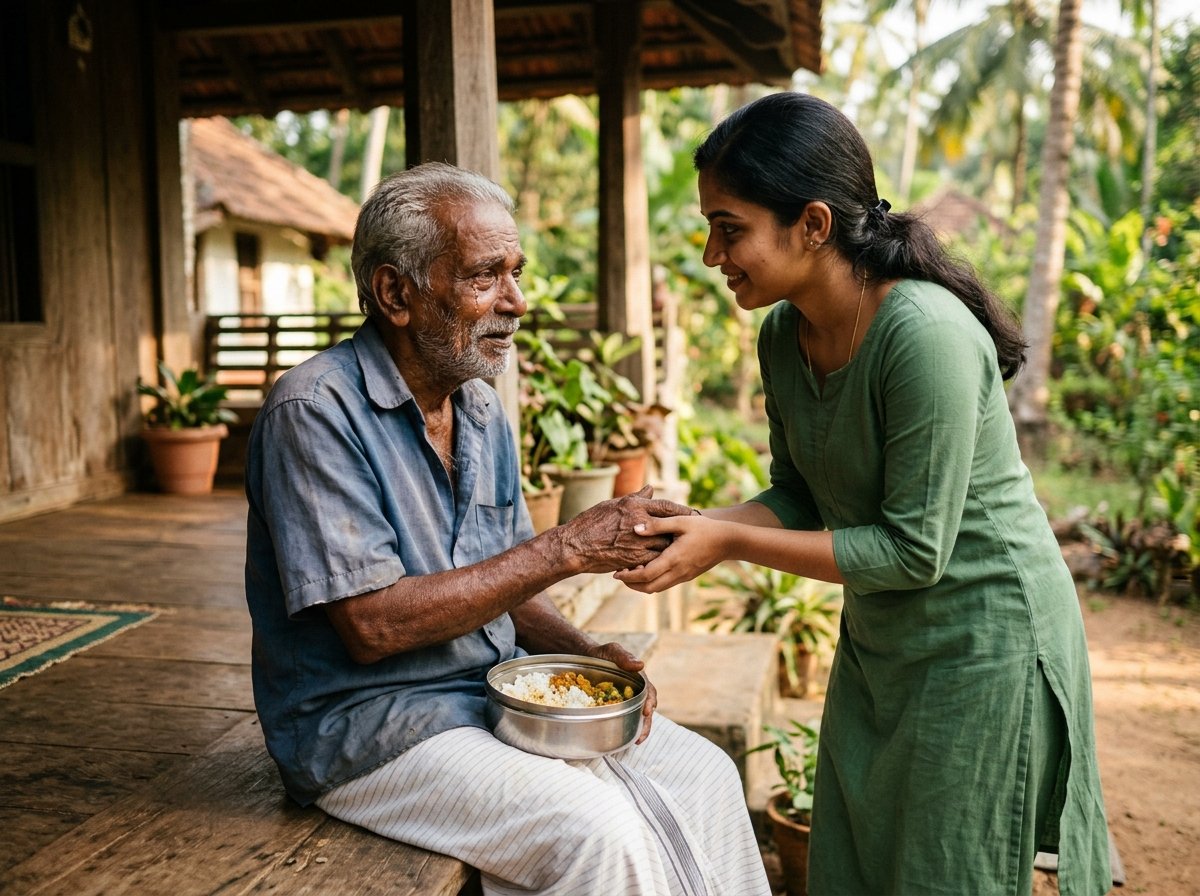 Compassionate volunteer serving fresh food to an elderly grandfather in Kerala