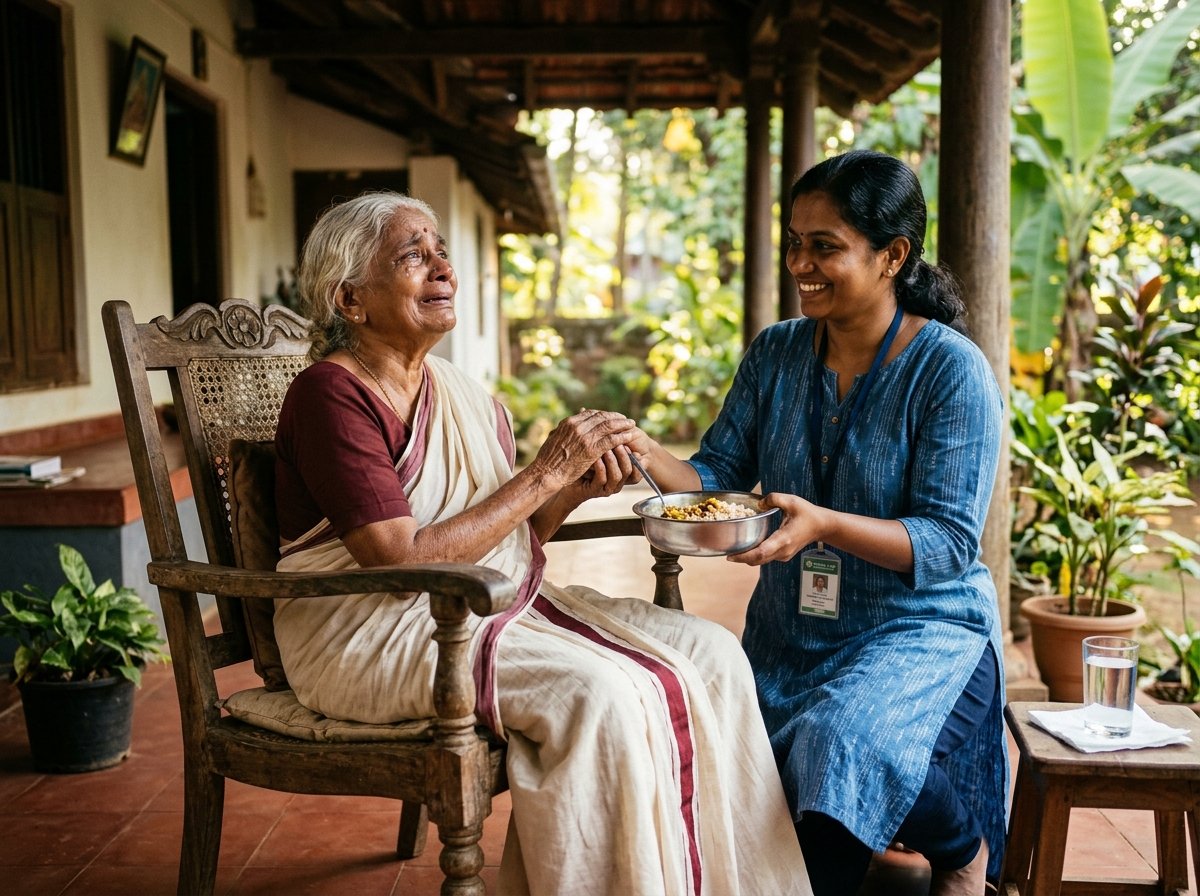 Compassionate volunteer feeding and comforting elderly grandmother in Kerala