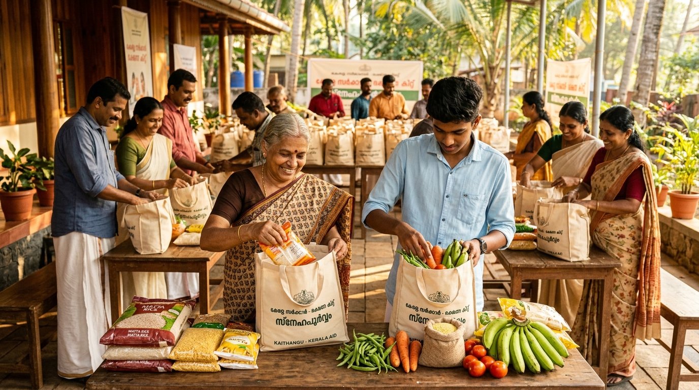Volunteers in Kerala packaging grocery kits