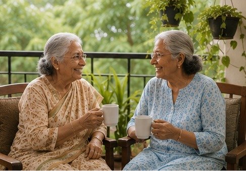 Two elderly women sharing tea on the green balcony