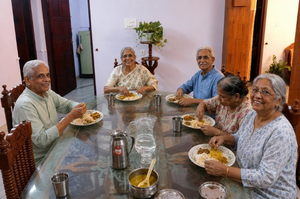Elderly residents having lunch together around dining table at Niraamayam