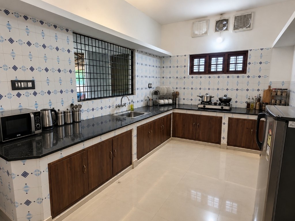 Clean and modern kitchen for hygienic nutritious meals at Niraamayam